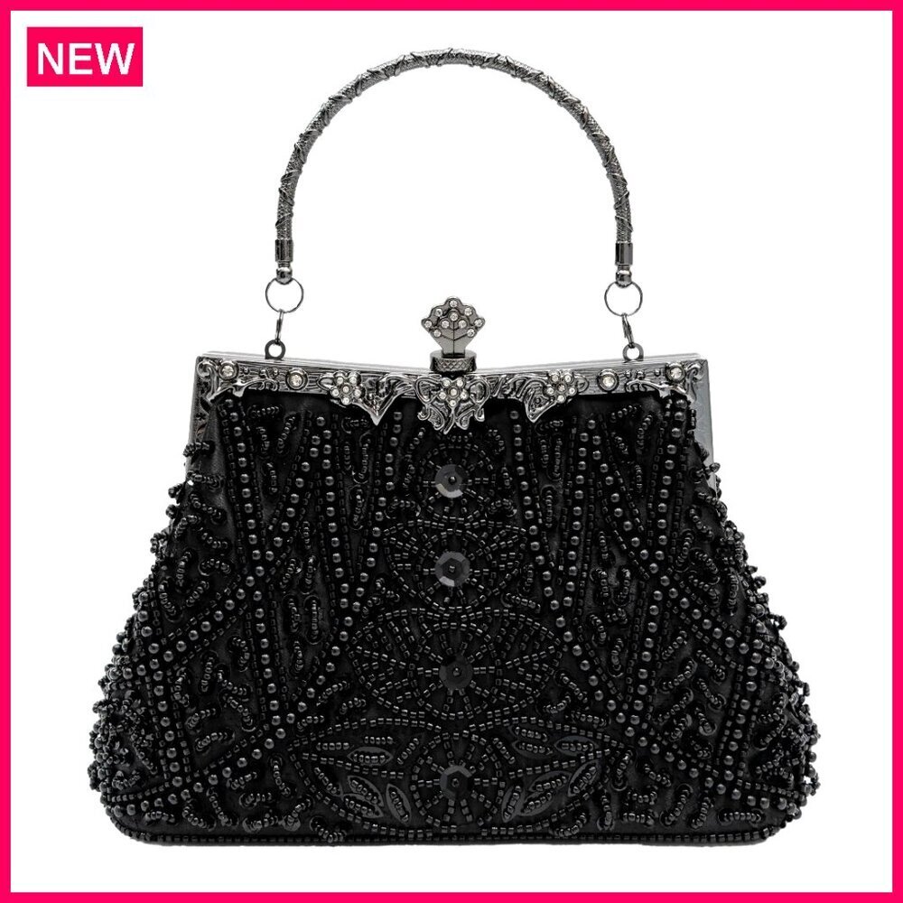 Vintage Floral Beaded Evening Clutch with Detachable Chain for Formal Events